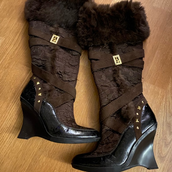 Baby Phat Shoes - Baby Phat Brown Fur-Trimmed Wedge Boots